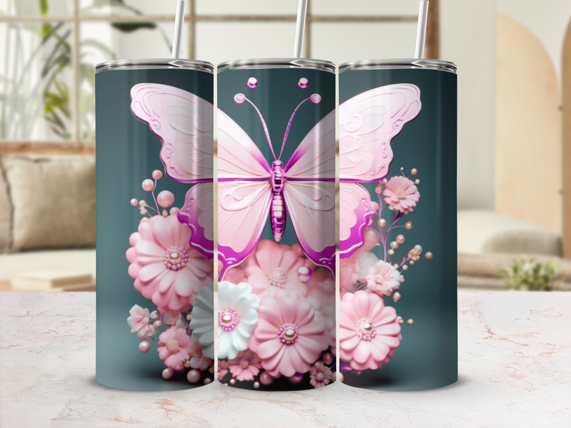 Pink butterfly and floral design on a set of three tumblers.