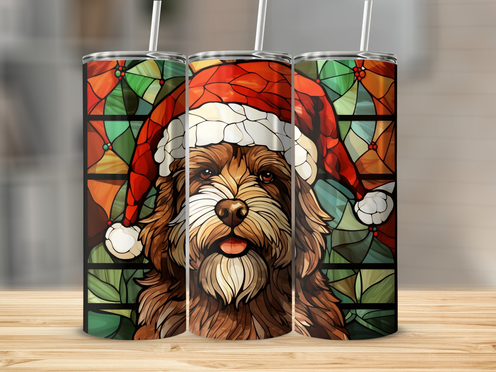 Dog wearing Santa hat on stained glass Christmas background.