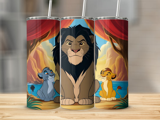 Three lions, Scar and two cubs, sit with a landscape background.