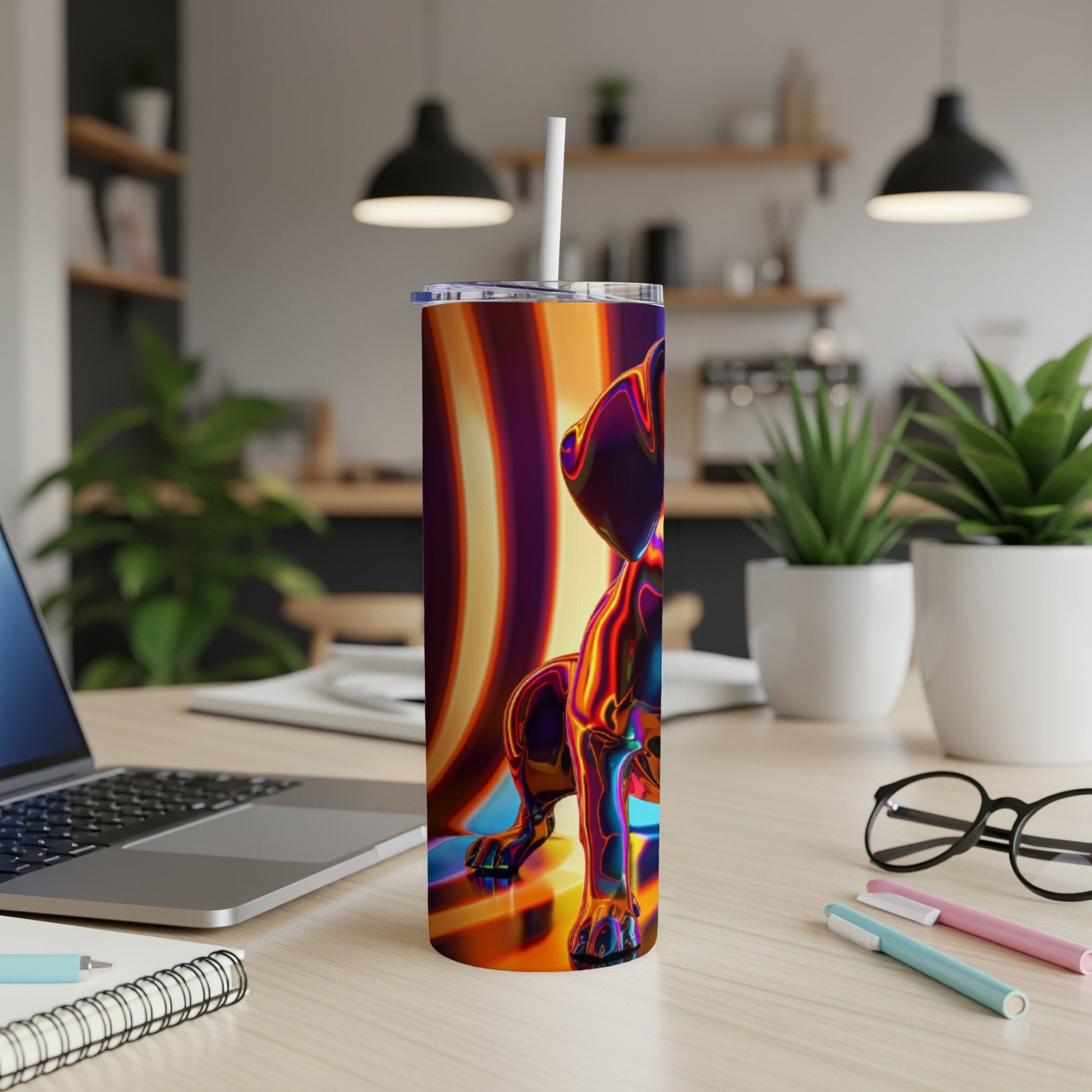 Holographic dog figurine on a desk with a laptop and pens.