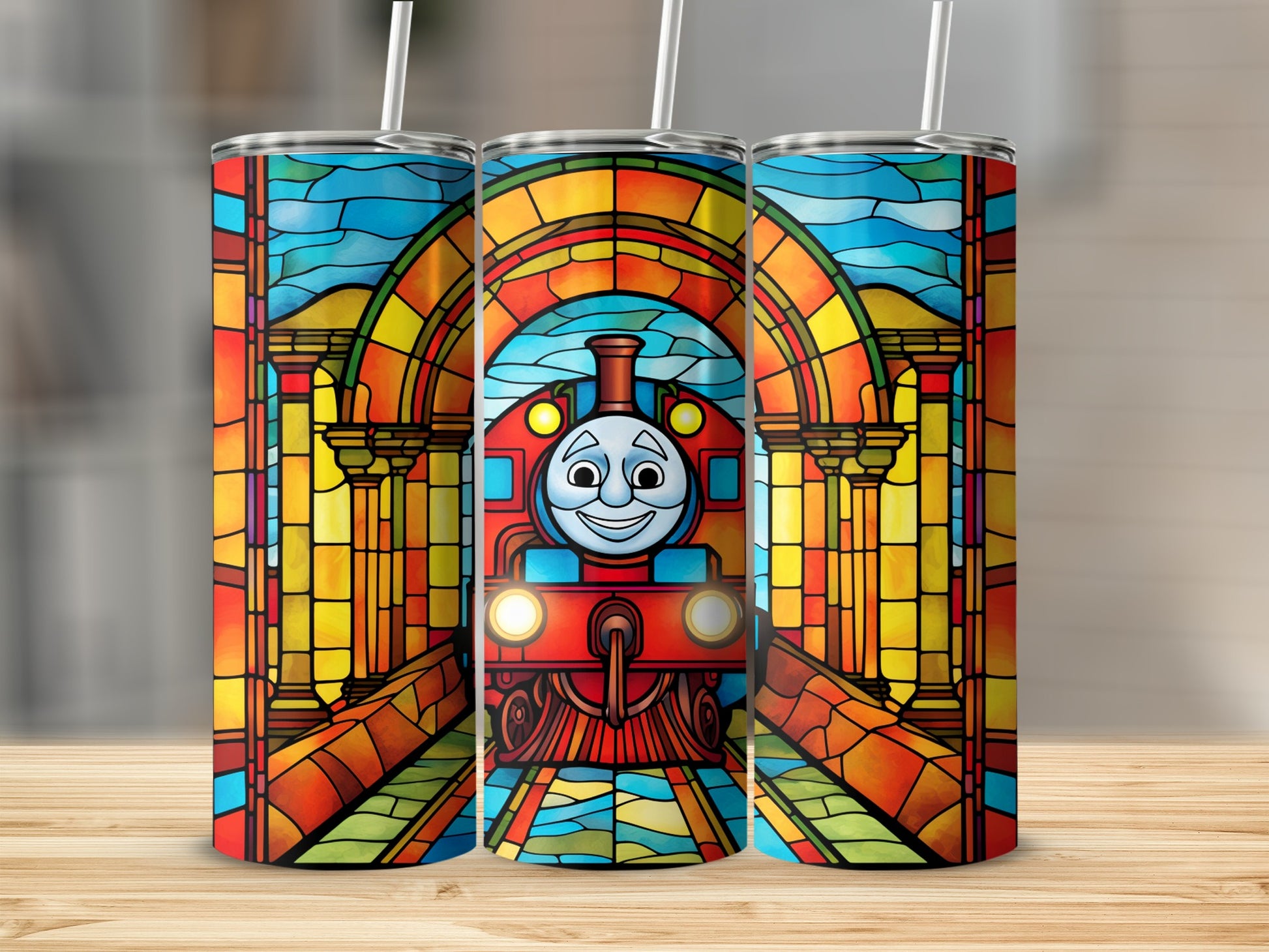 Colorful Train and Stained Glass Design Tumbler