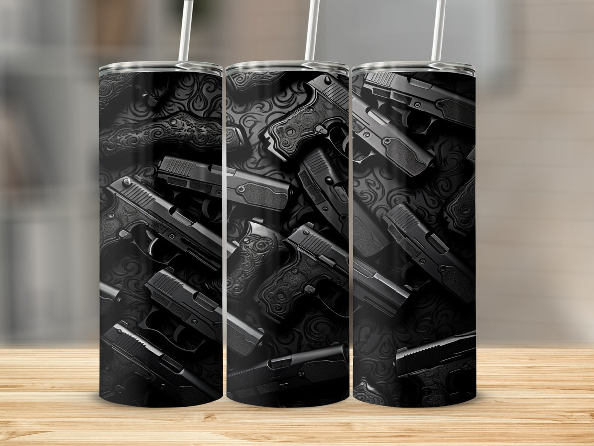 Three tumblers with a black gun and scroll pattern design.