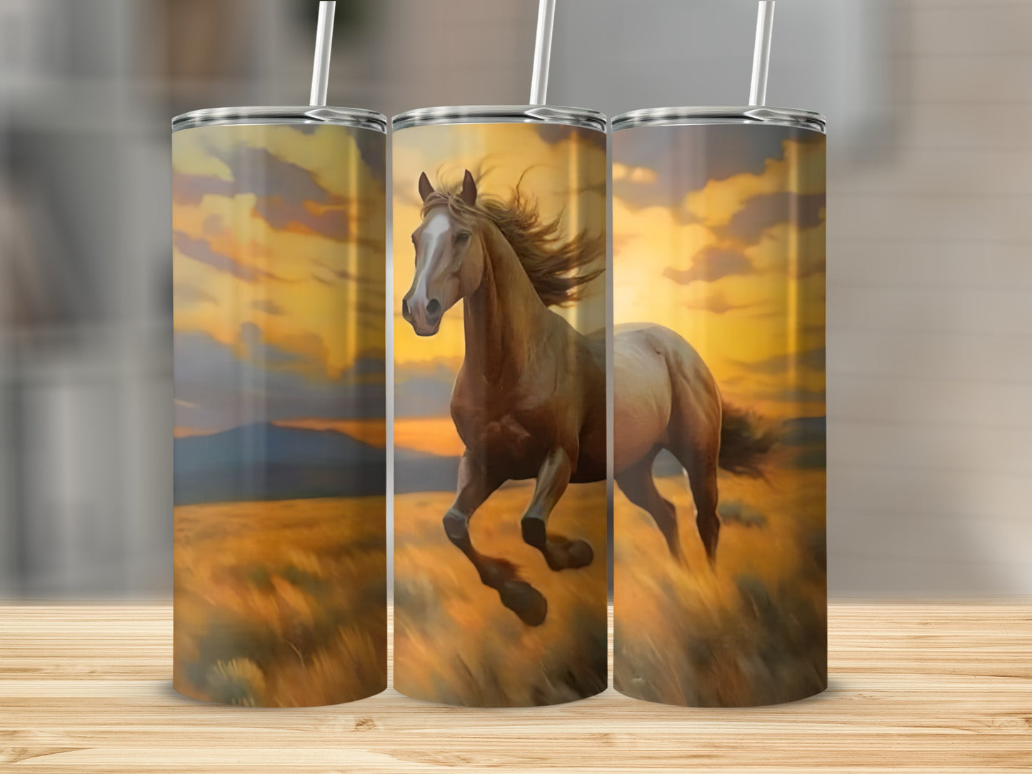 Running horse in a golden field at sunset.