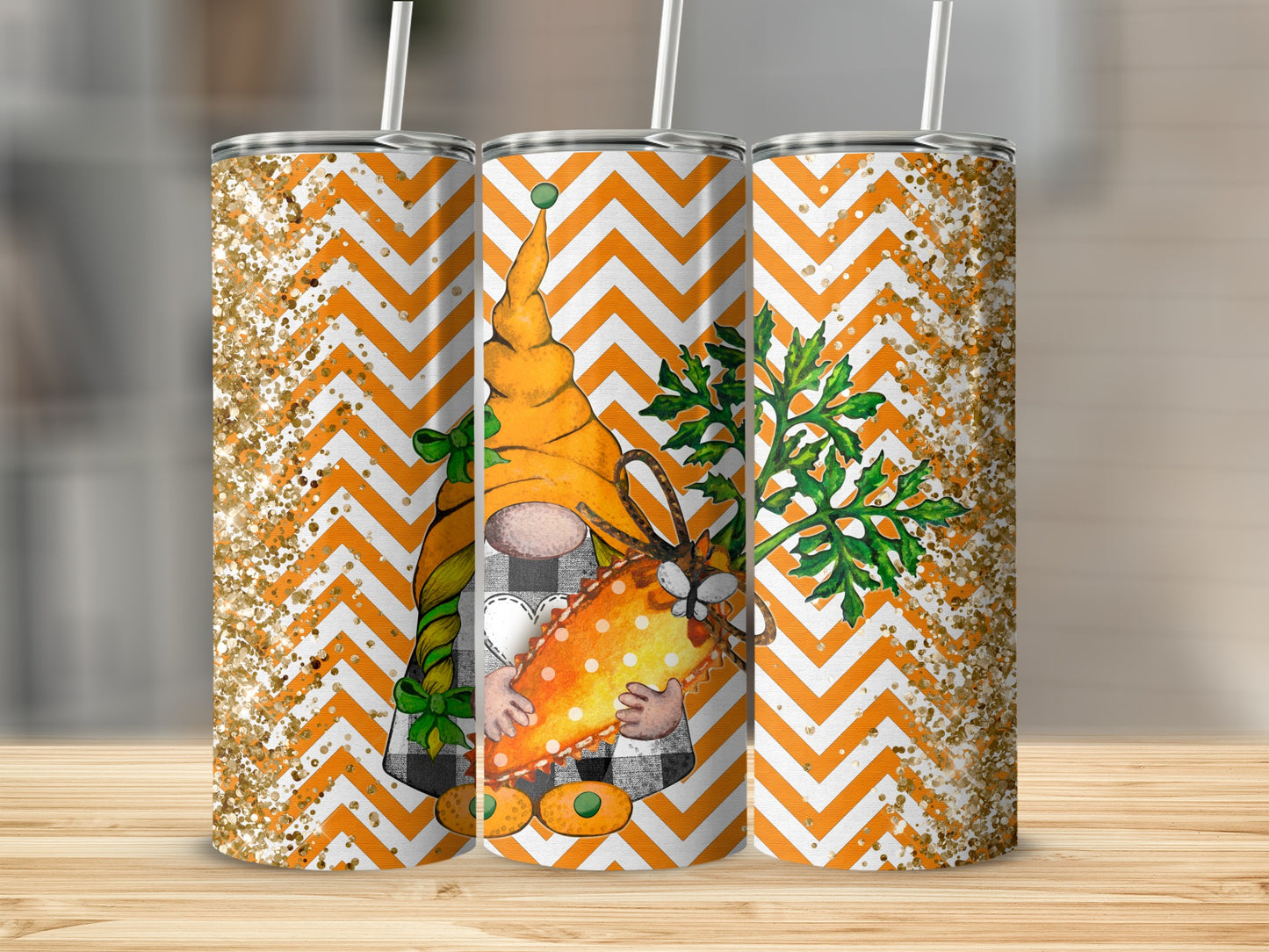 Gnome with carrot and orange chevron pattern on a tumbler.