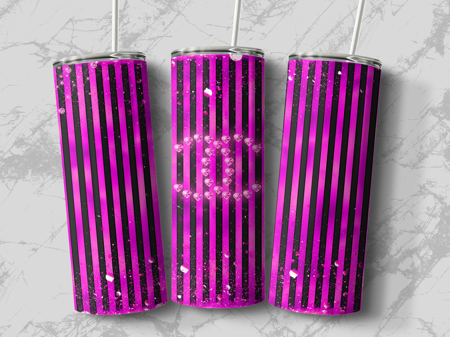 Pink and Black Striped Glitter Tumbler Cup Product