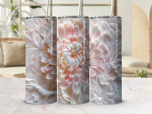 Three tumblers featuring a detailed embossed pale pink dahlia floral design.