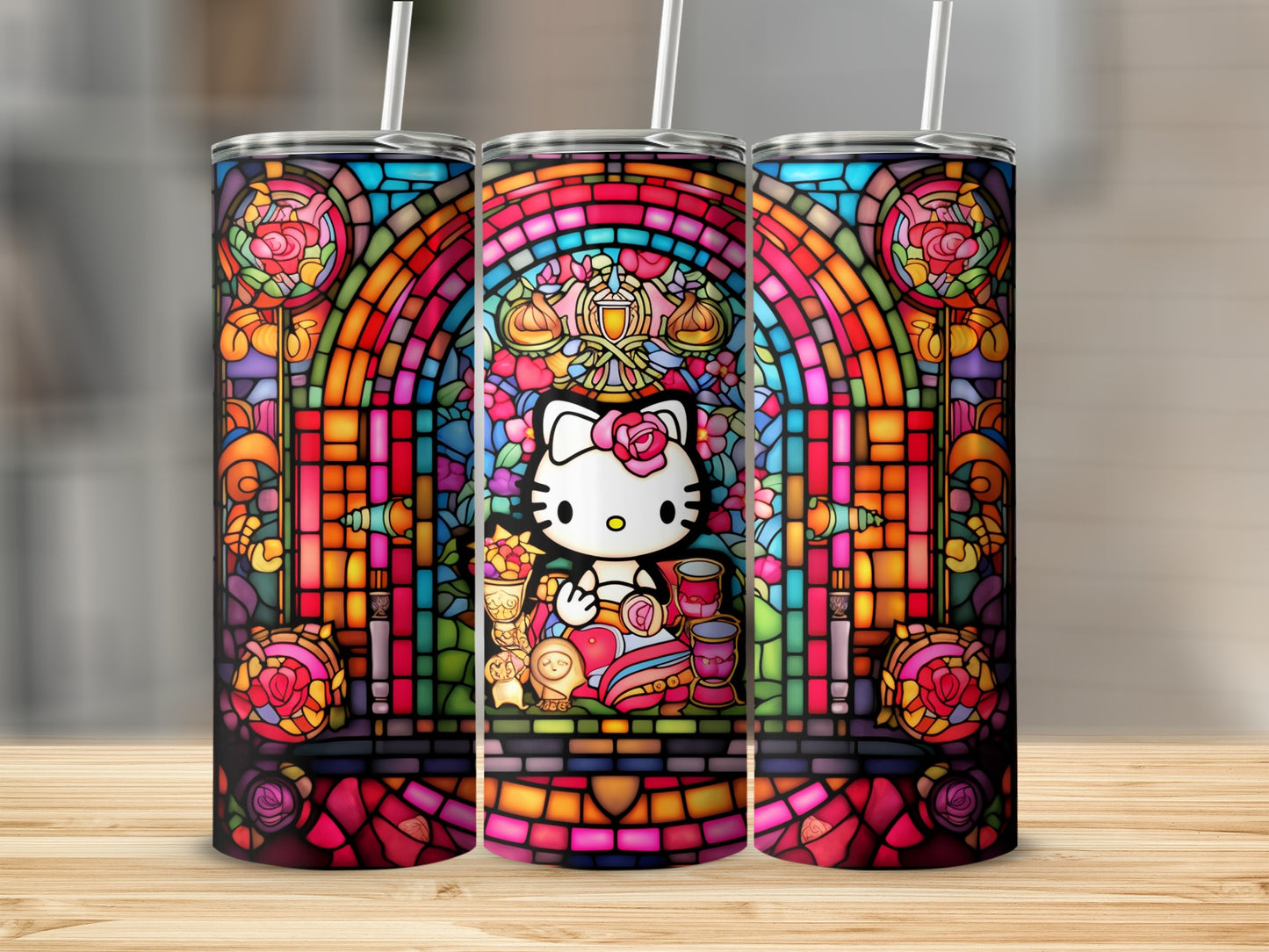 Stained Glass Hello Kitty Design Tumbler with Straw