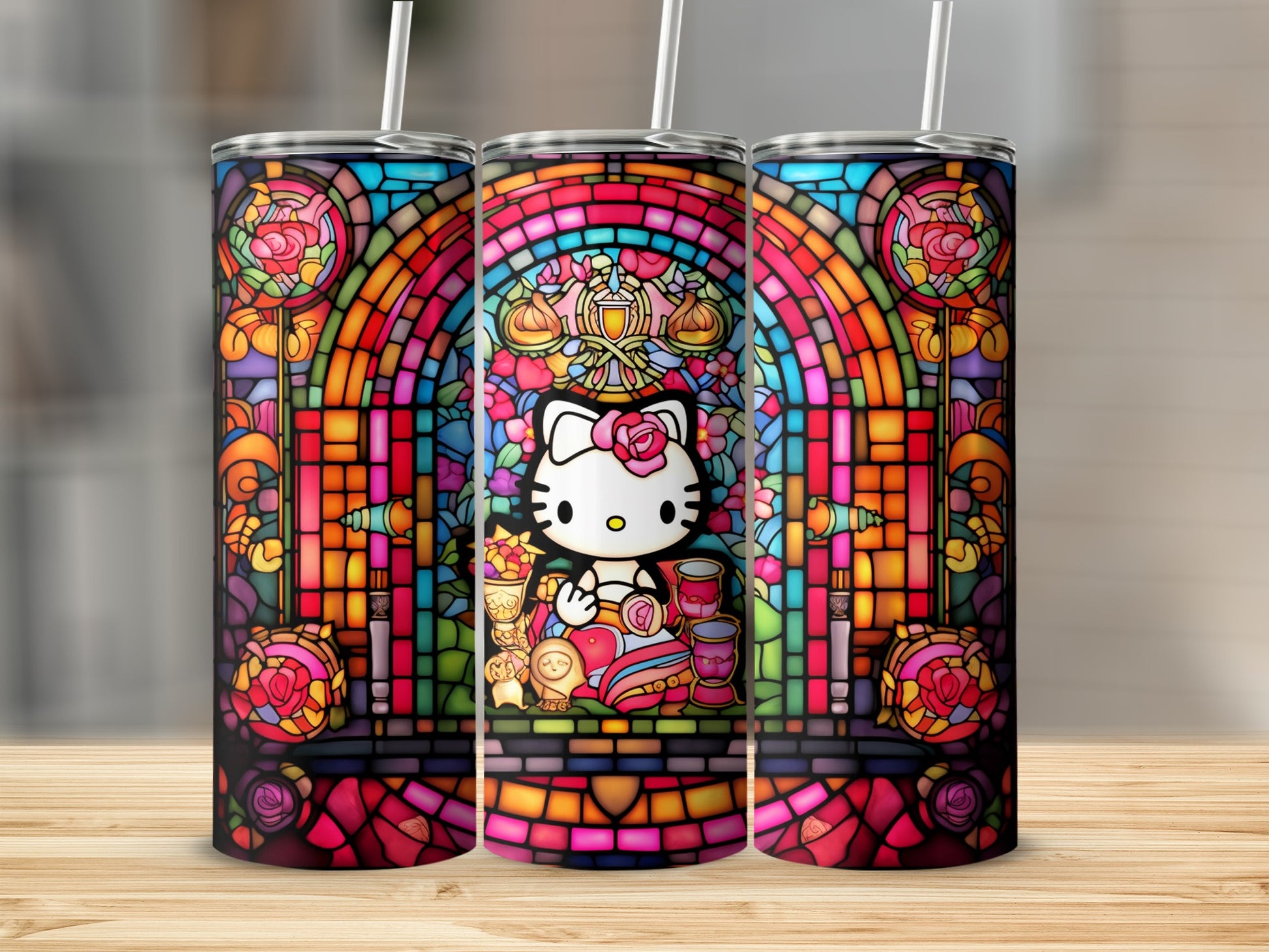 Stained Glass Hello Kitty Design Tumbler with Straw