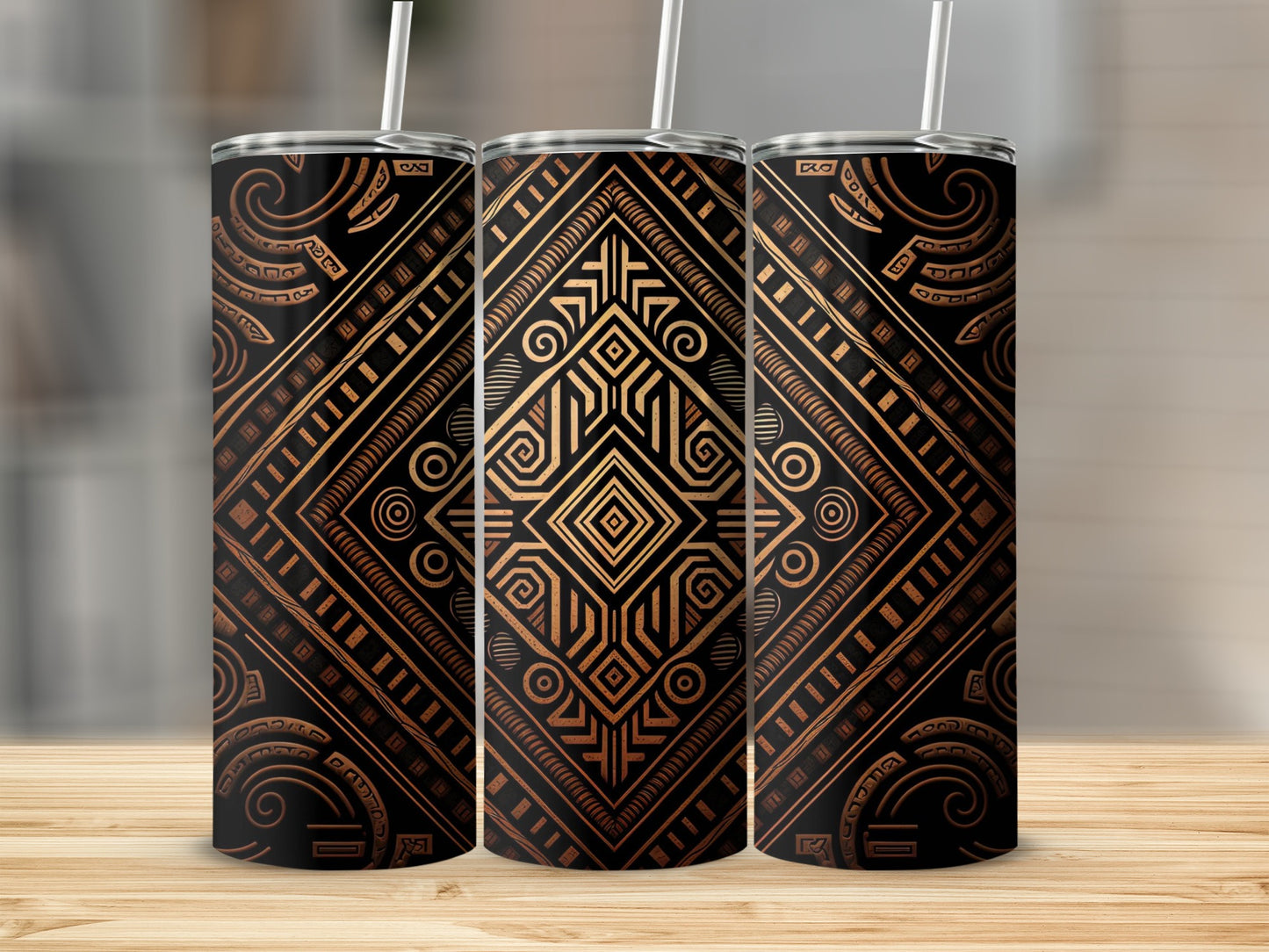Geometric Tribal Design Tumbler with Straw Tumbler
