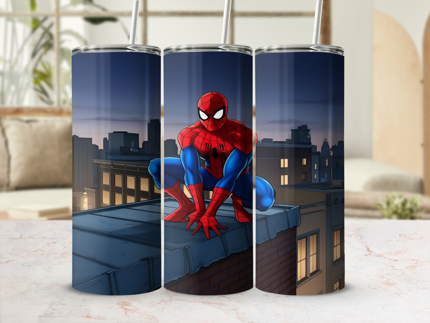 Spiderman crouching on rooftop with city skyline in background.