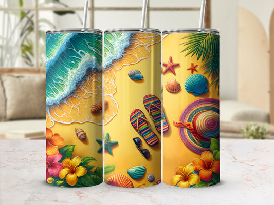 Beach scene tumbler with waves, seashells, starfish, flip-flops, and a hat.