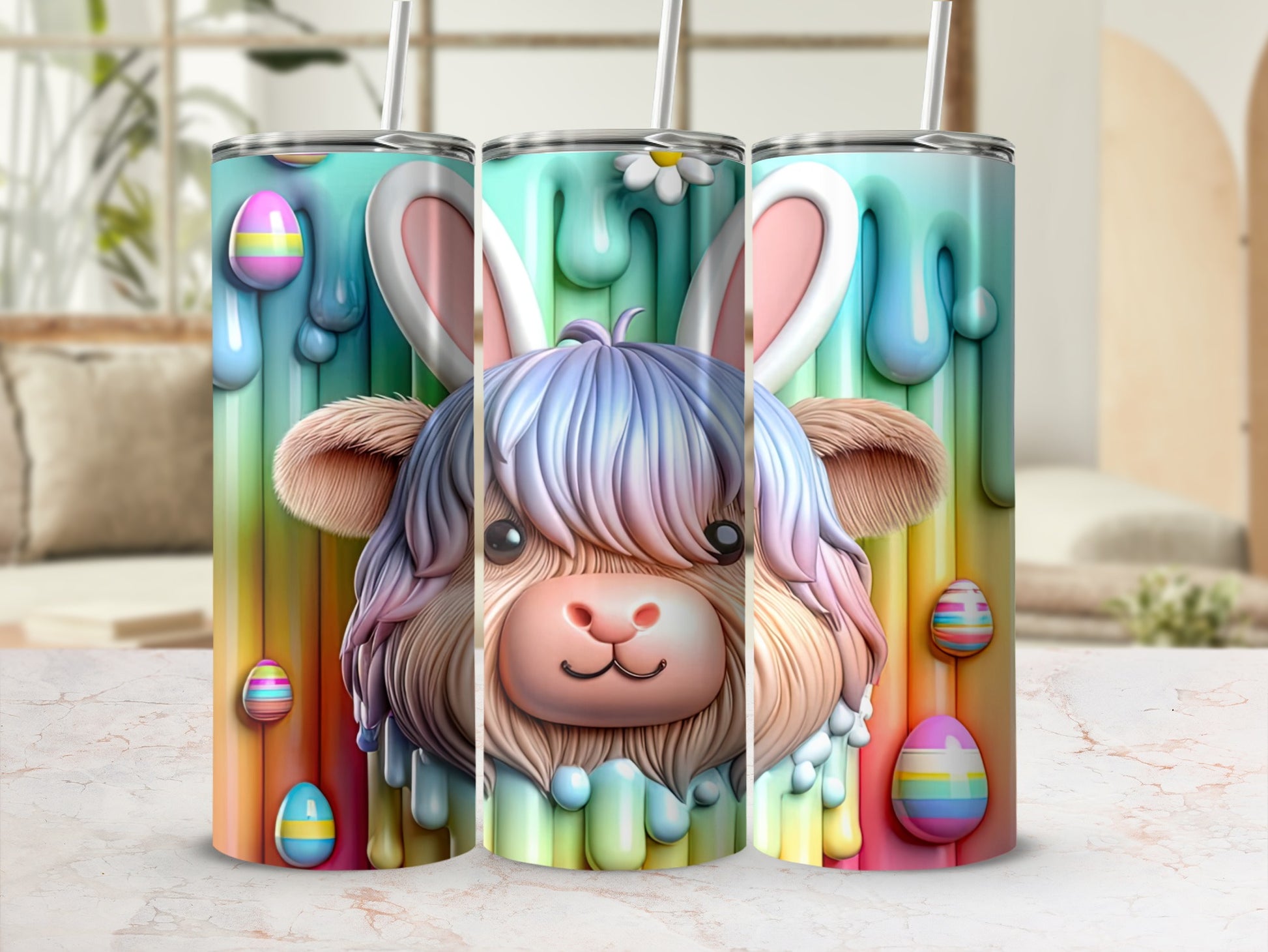 Highland cow with bunny ears and Easter eggs on a colorful, dripping background.