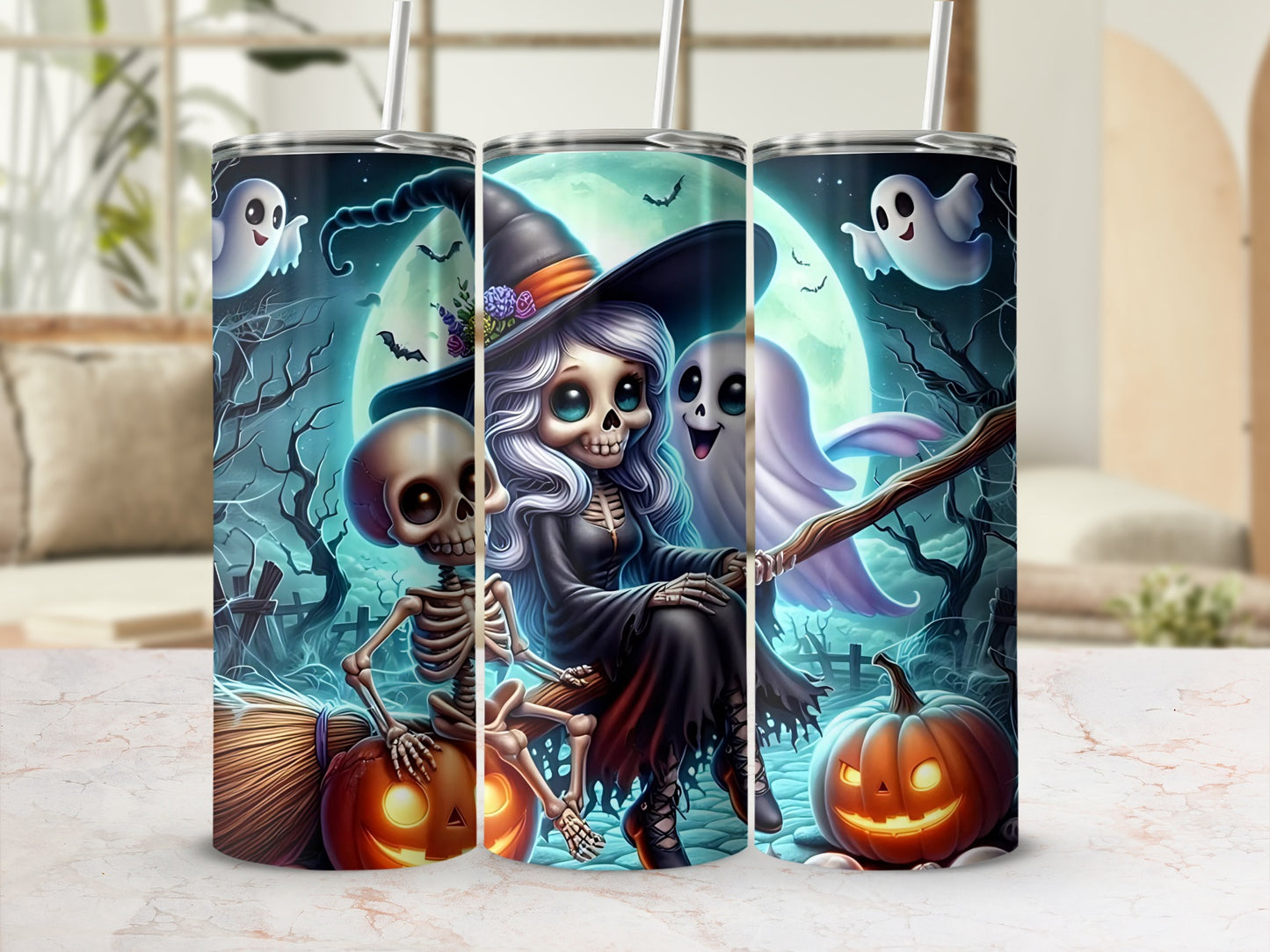 Halloween witch, skeleton, and ghosts on tumblers with a spooky night background.