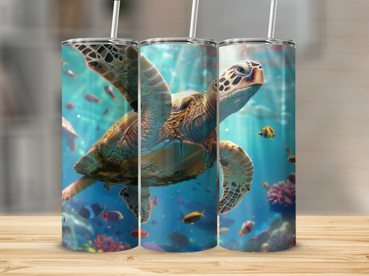 Sea turtle swims in ocean with coral and fish.