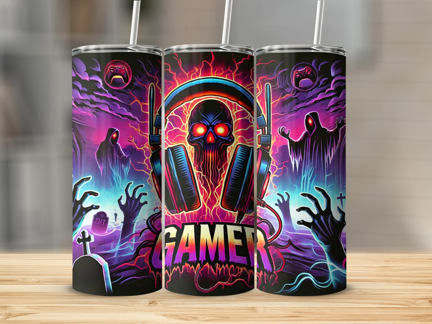 Gamer Skull with Headphones and Ghosts Tumbler