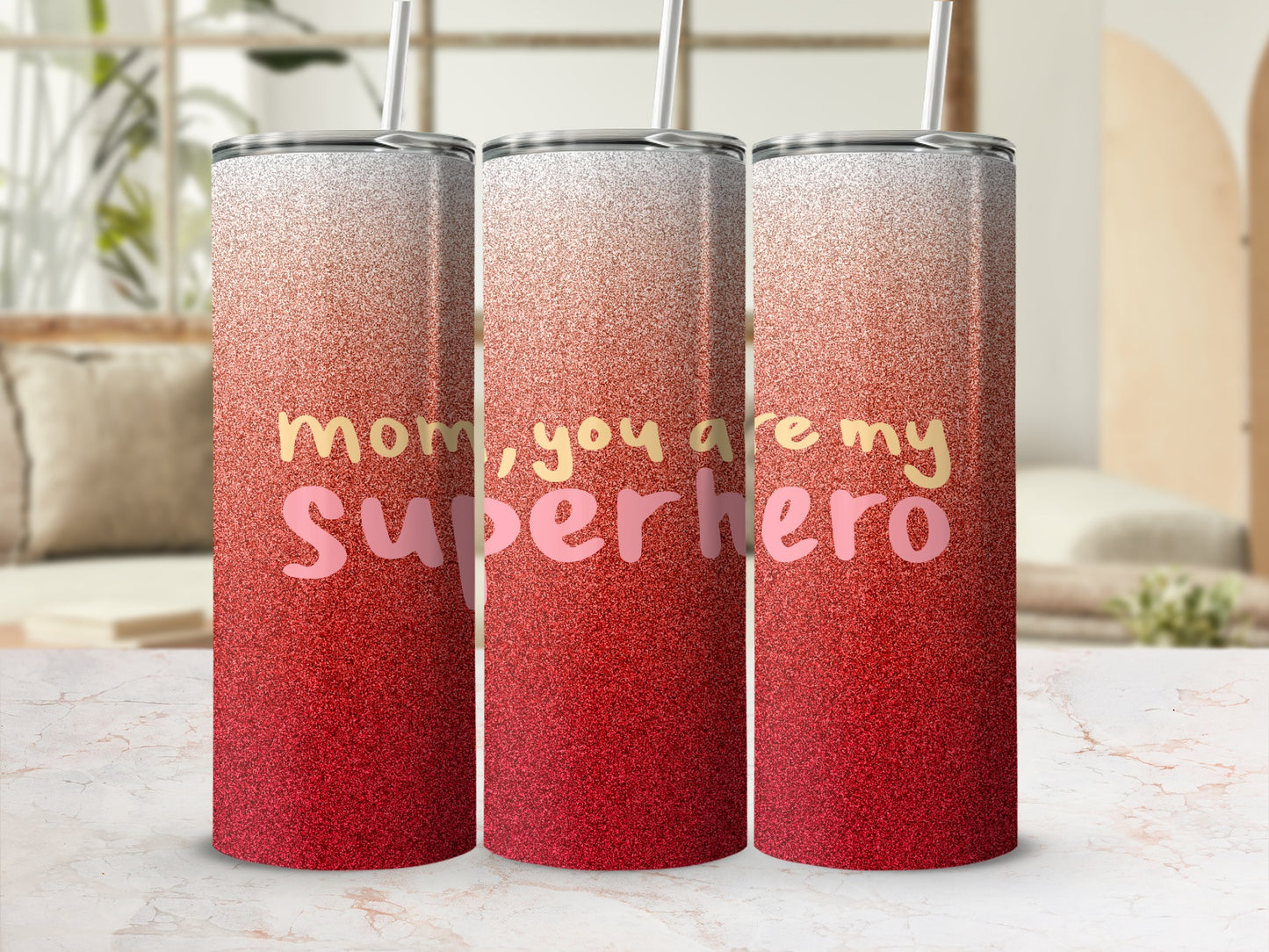 Glittery tumbler with "Mom, you are my Superhero" text.