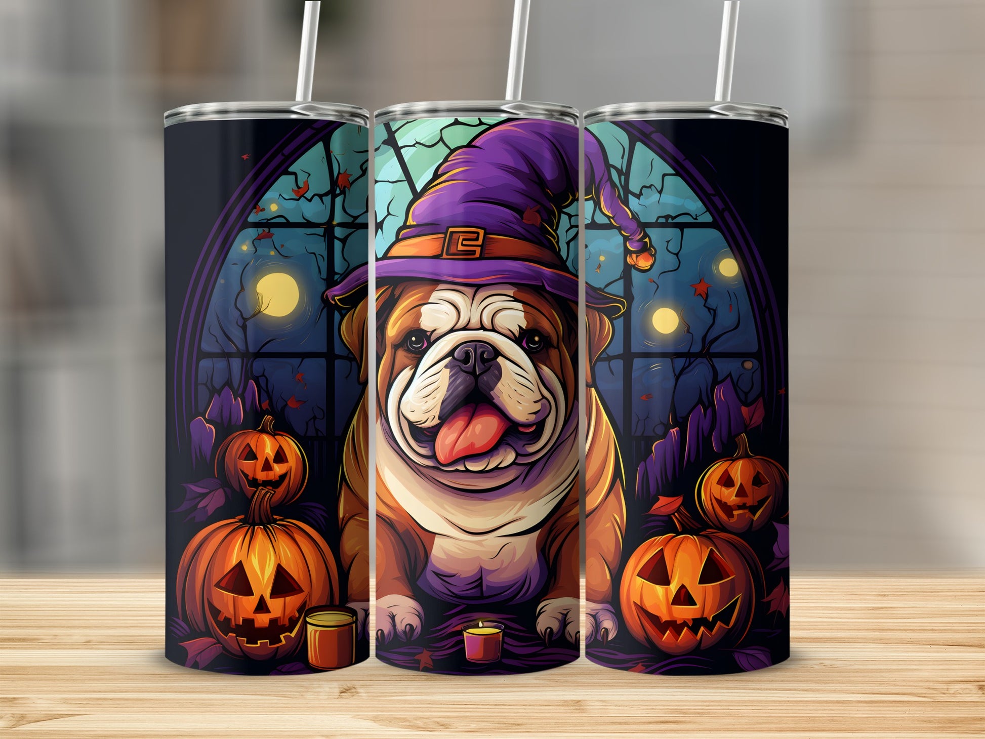 Bulldog in witch hat with pumpkins and candle on Halloween themed tumbler.