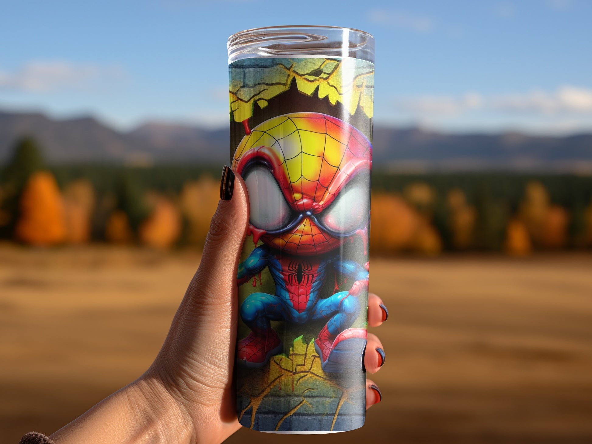 Vibrant Spider Character Tumbler with Scenic Background
