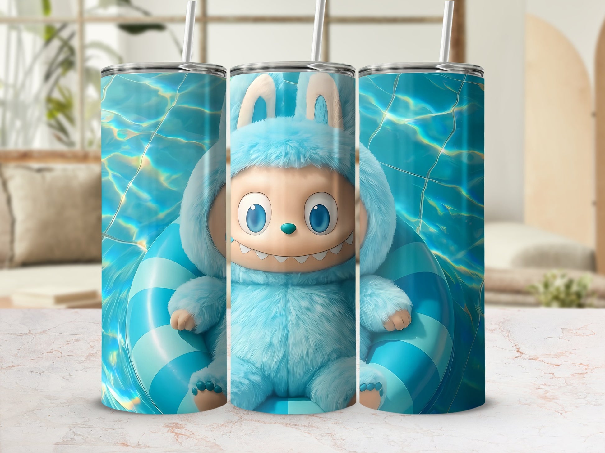 Aqua Blue Monster with Floating Ring Tumbler Design