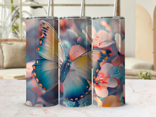 Three tumblers with butterfly and floral design.