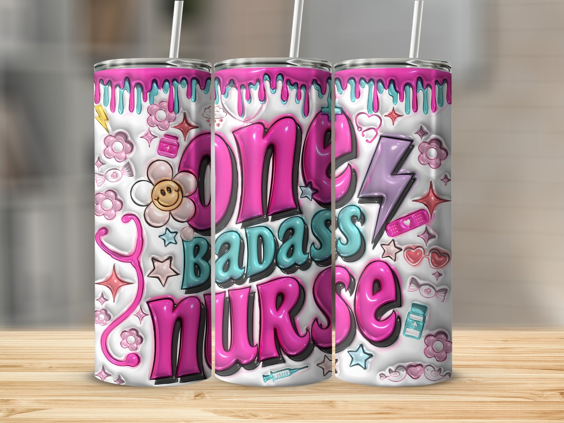 Pink and blue tumbler with "One Badass Nurse" text and medical icons.