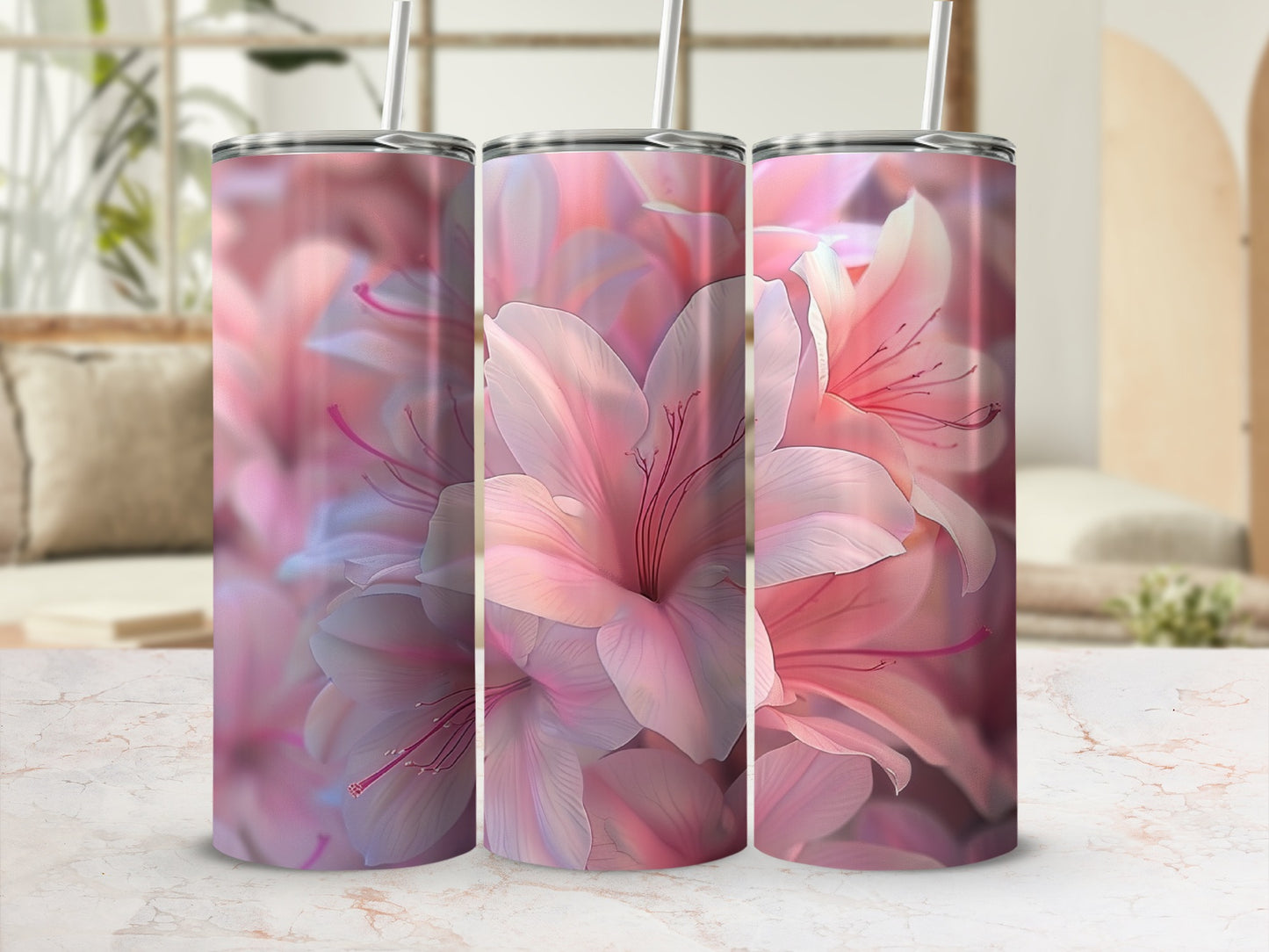 Three tumblers featuring a close-up of pink and white floral blossoms.