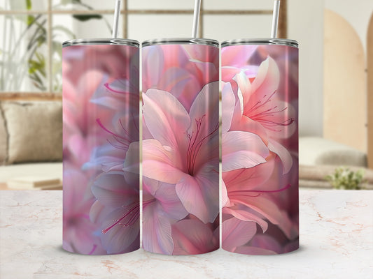 Three tumblers featuring a close-up of pink and white floral blossoms.