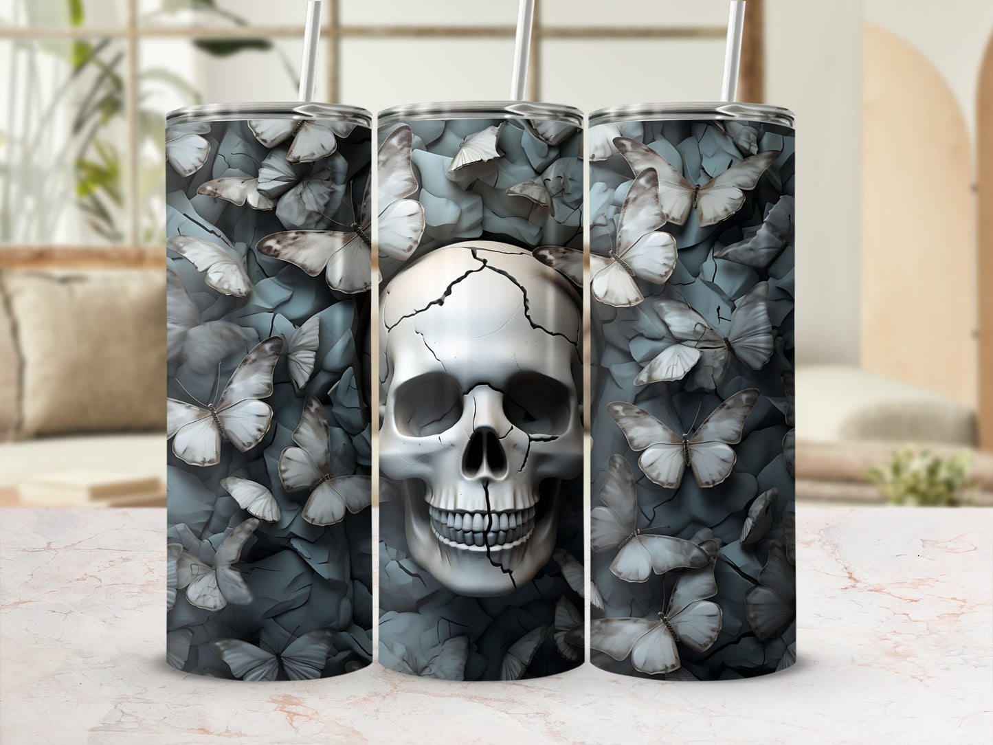 Gothic skull surrounded by pale butterflies on textured background.