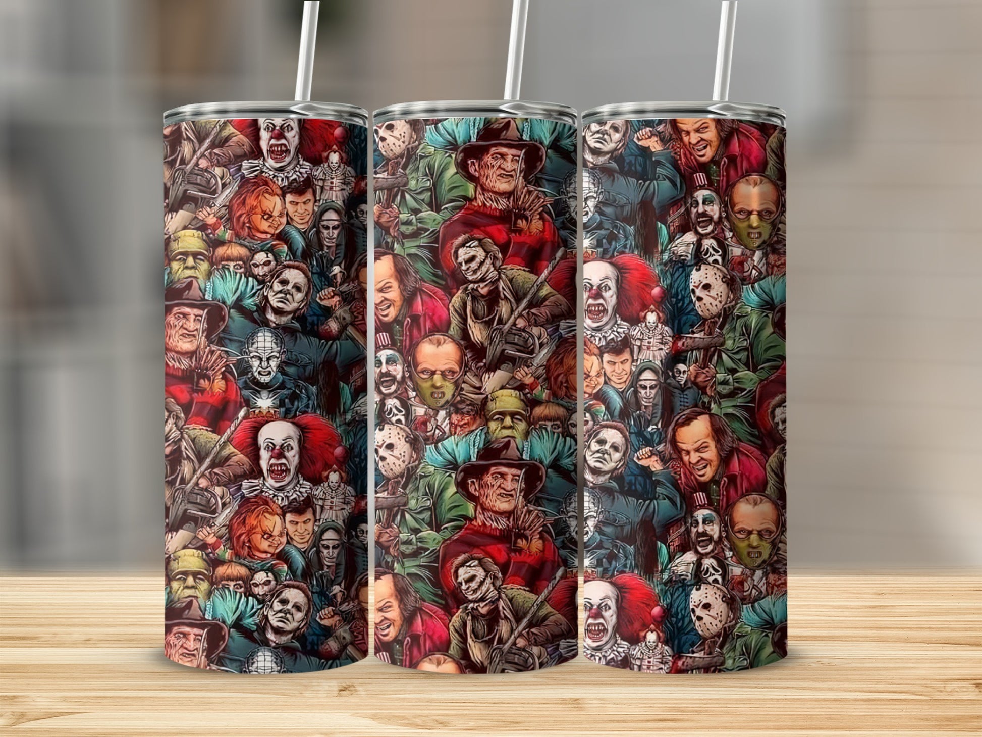 Tumblers with a collage of horror movie characters, including Pennywise, Freddy Krueger, and Michael Myers.