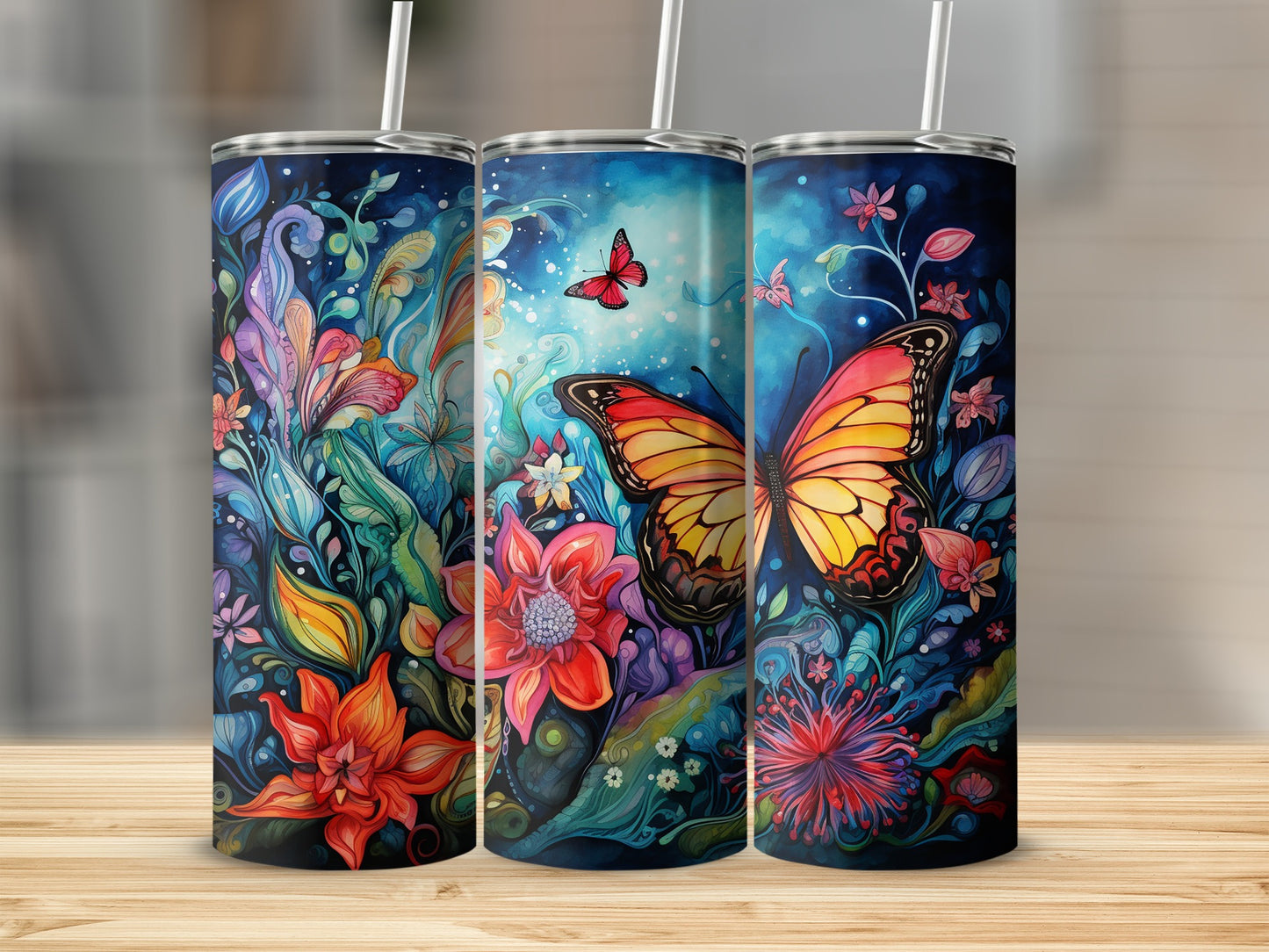 Colorful Butterfly and Floral Design Tumbler Product