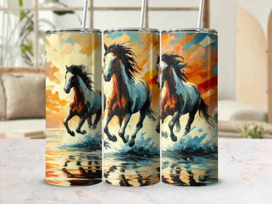 Three tumblers with galloping horses against a colorful sunset background.