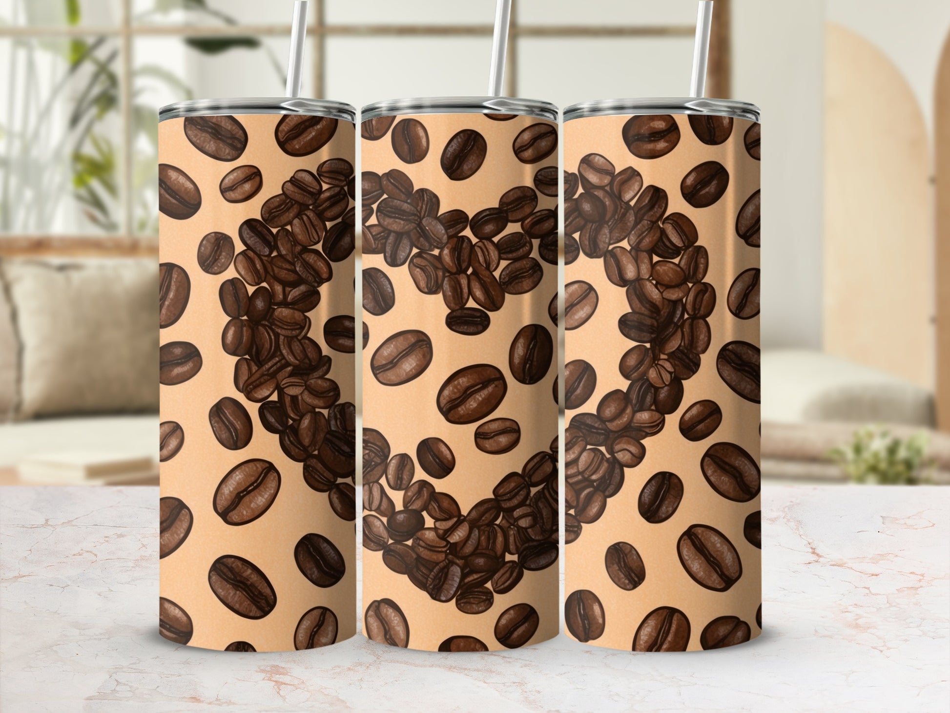 Three tumblers with coffee beans arranged in a heart shape on a light brown background.