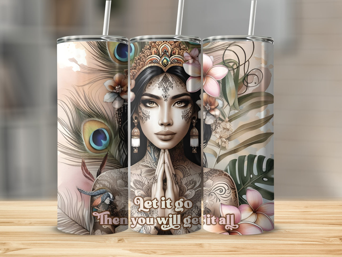 Tumbler with "Let it go Then you will get it all" quote and woman with tattoos.