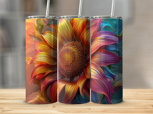 Three tumblers featuring a vibrant, abstract sunflower design.