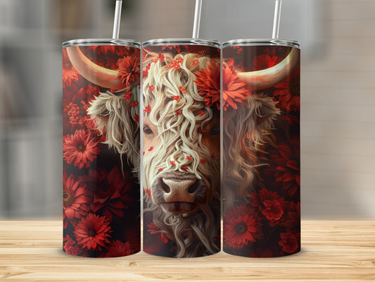 Highland cow with red flowers and a straw on a wooden surface.