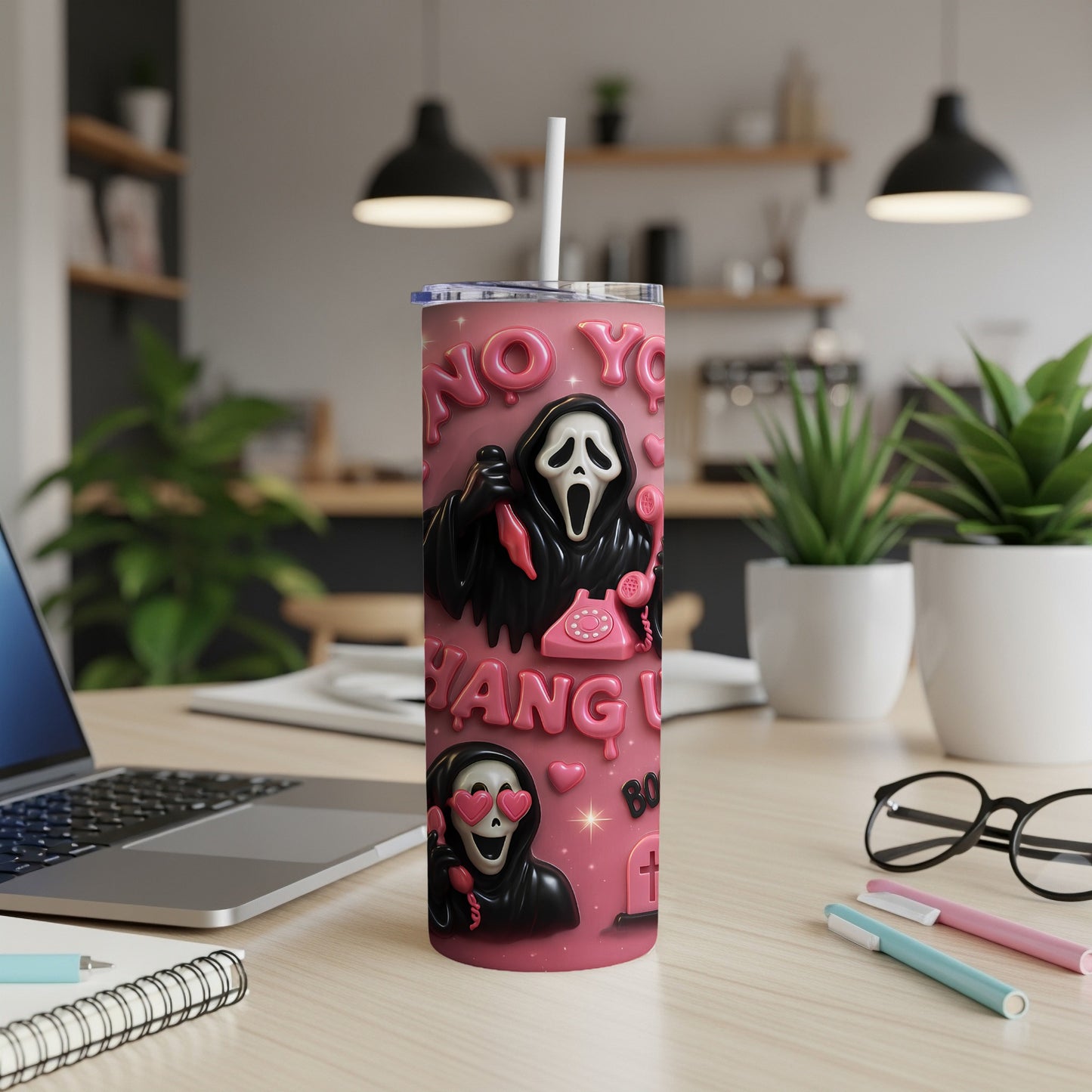 Pink tumbler with Ghostface and text "NO YOU HANGLU".
