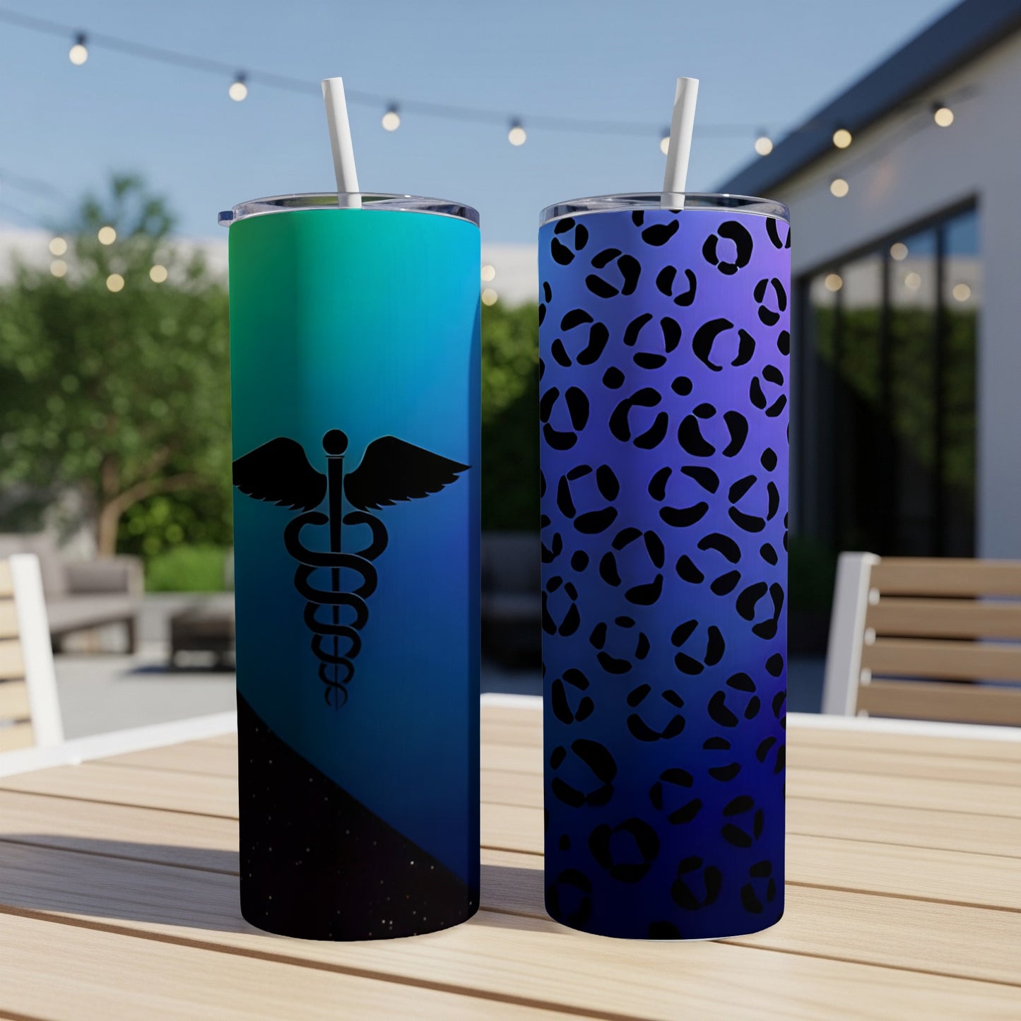 Two tumblers, one with a caduceus symbol, the other with leopard print.