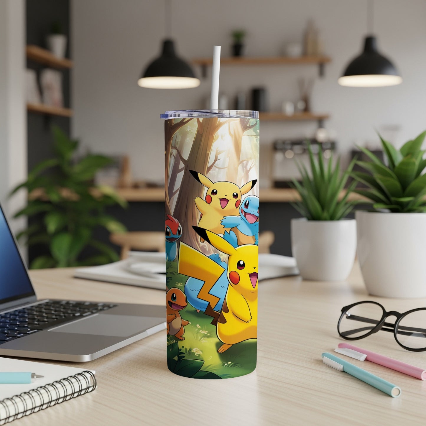 Pokemon characters Pikachu, Charmander, Squirtle, and Bulbasaur on a tumbler.