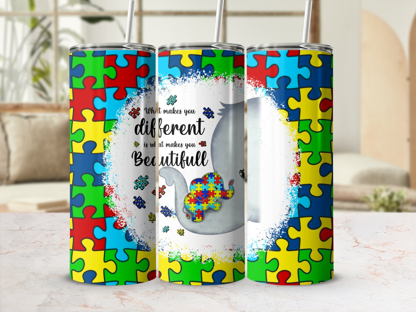 Autism awareness elephant and puzzle pattern tumbler.