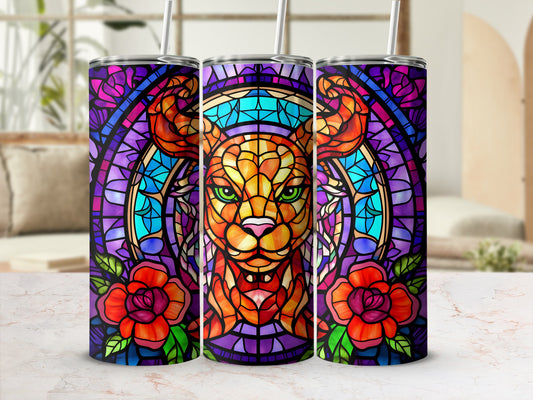 Lion stained glass art on three tumblers with roses and straws.