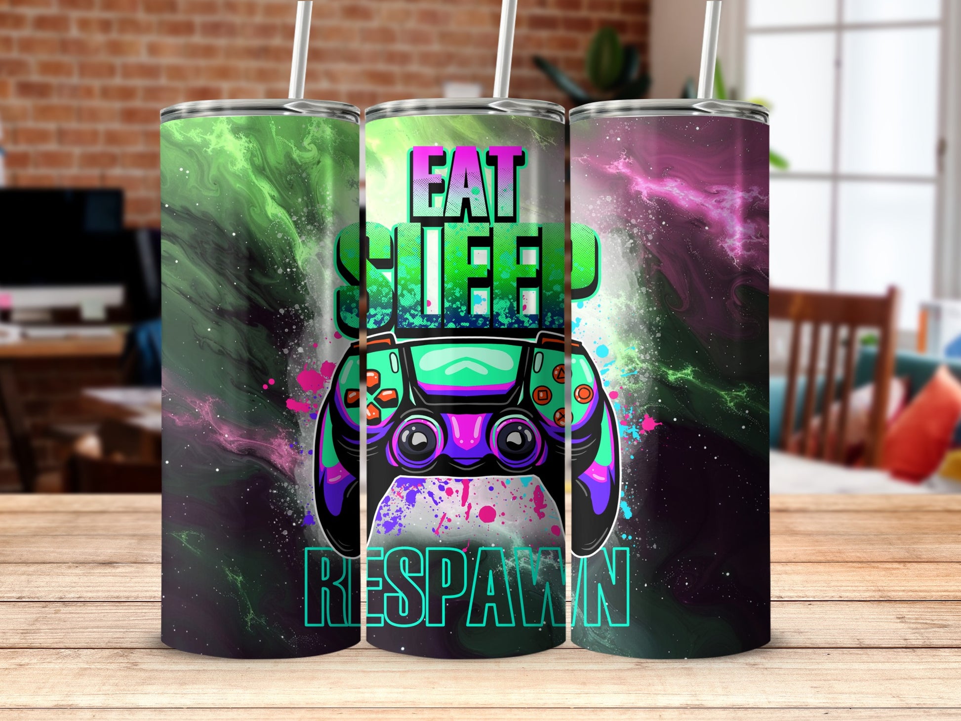 Eat Sleep Respawn Gaming Theme Beverage Container