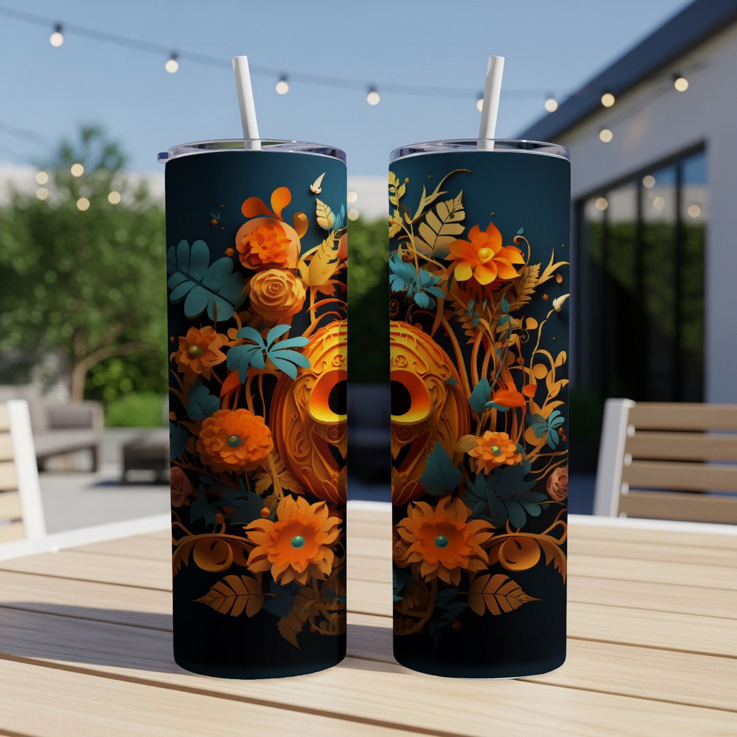 Two dark tumblers with orange floral and pumpkin designs, one straw in each.