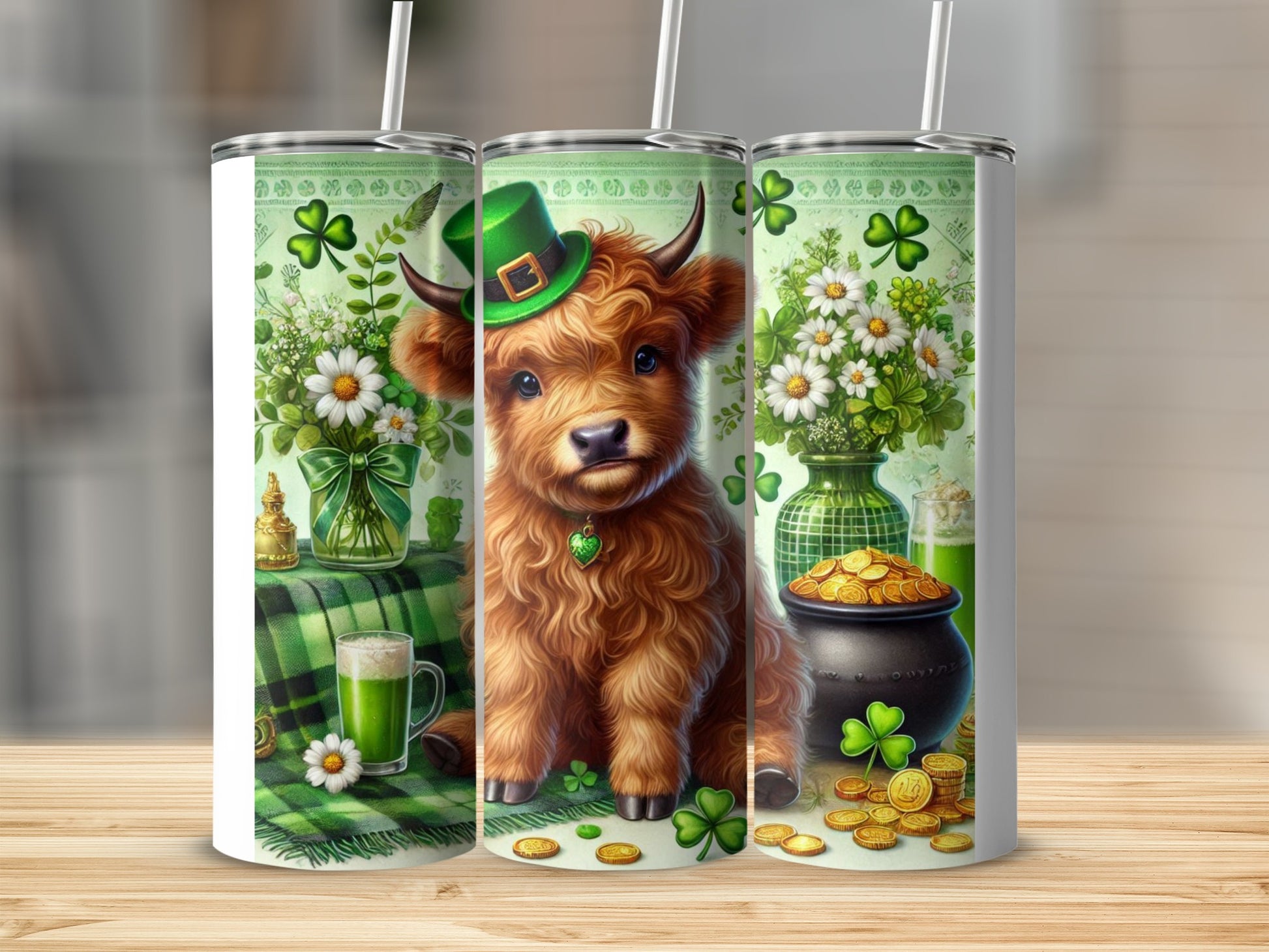 Highland cow wearing a green hat with a pot of gold and shamrocks.