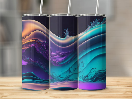 Three tumblers with abstract colorful waves on a wooden surface.