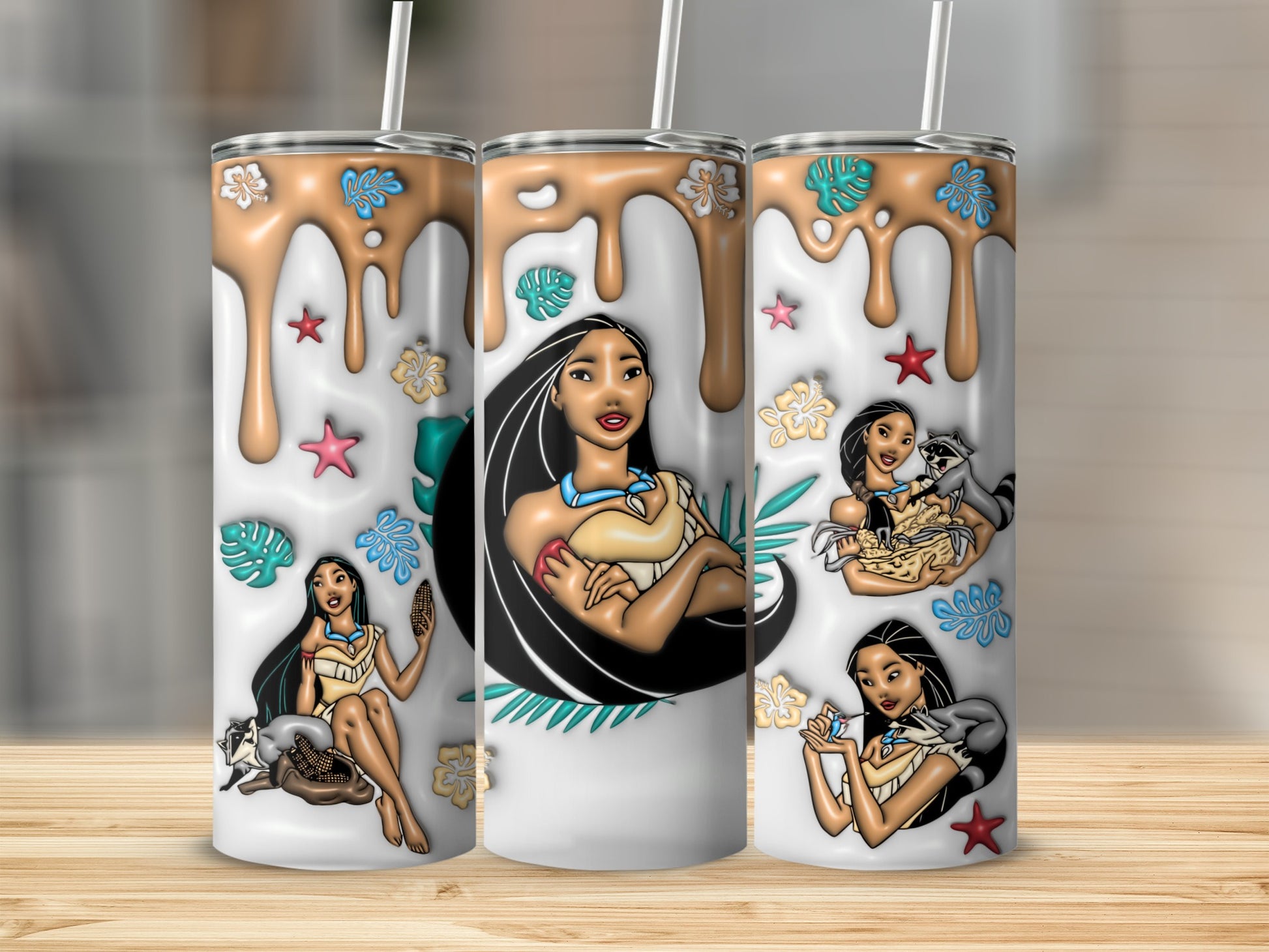 Pocahontas characters with dripping caramel and floral accents on three tumblers.