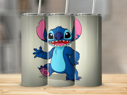 Blue alien character with large ears and wide smile on three tumblers.
