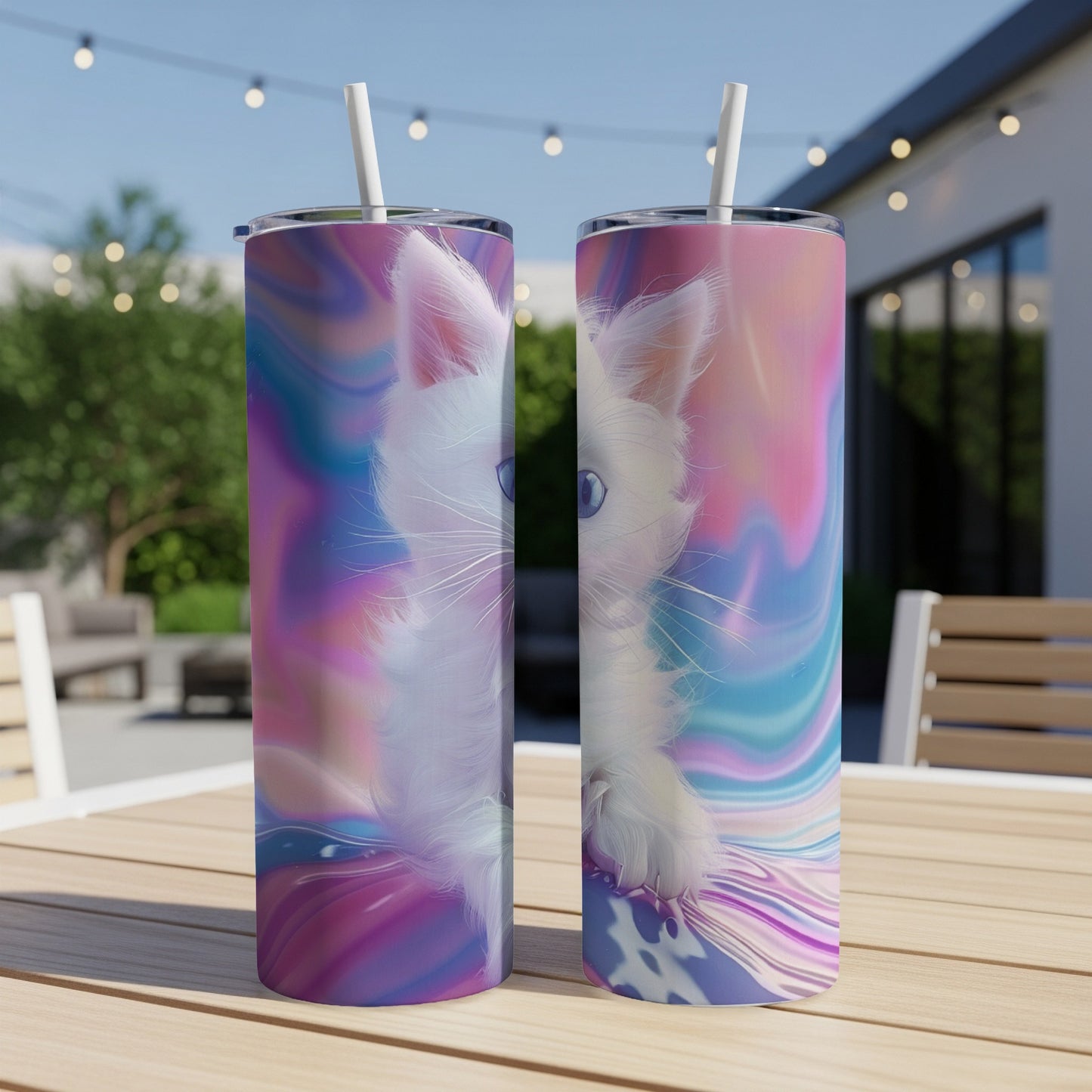 Two white kittens on a colorful, abstract background on tumblers.