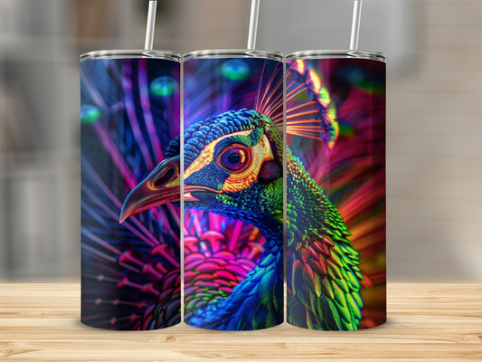 Colorful peacock portrait on three seamless tumbler wraps.