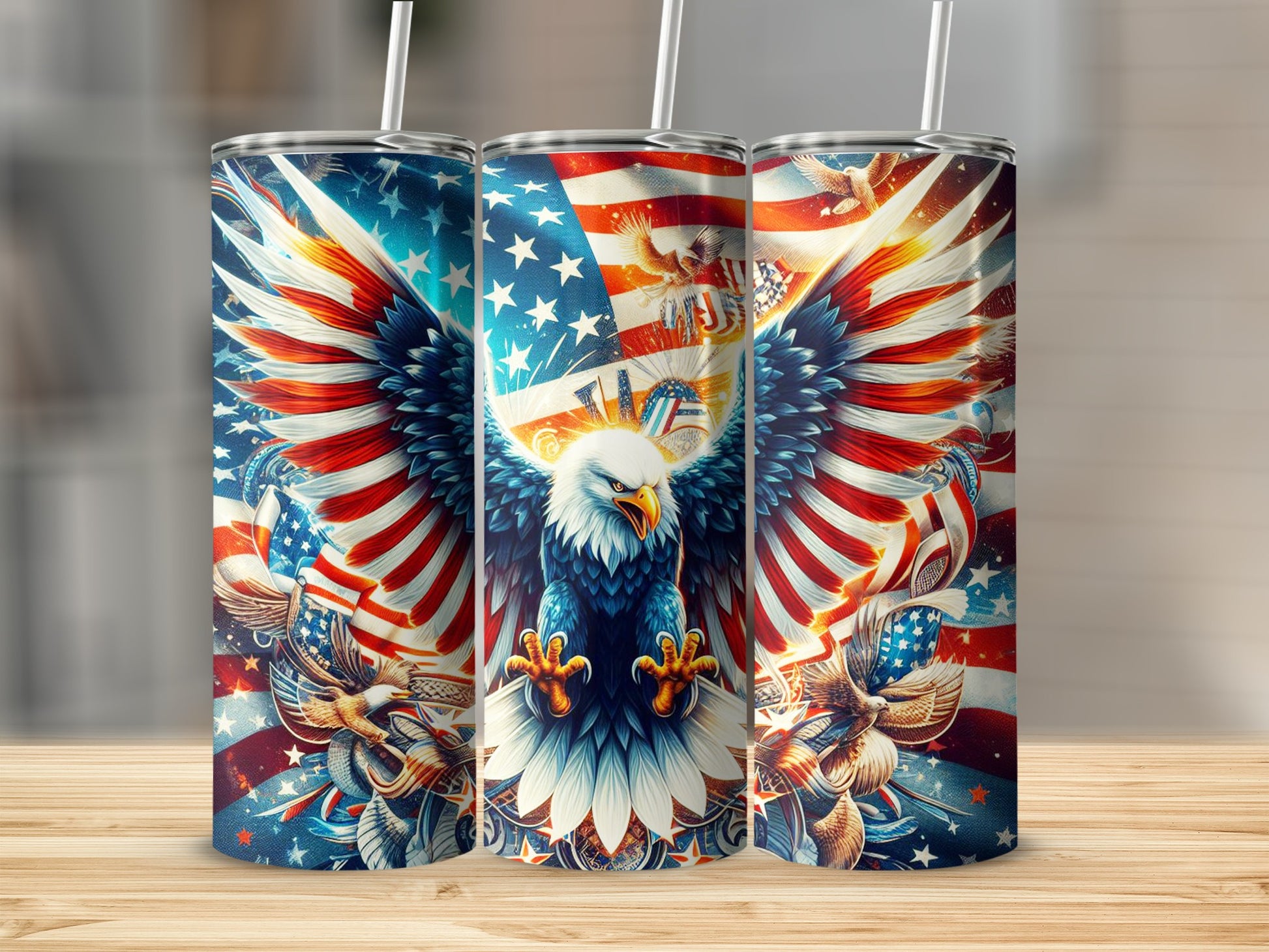 Patriotic eagle with wings spread against a backdrop of US flag elements.