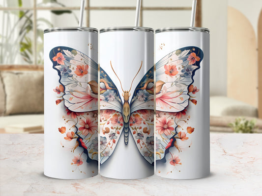 Three tumblers featuring a butterfly design with floral accents.